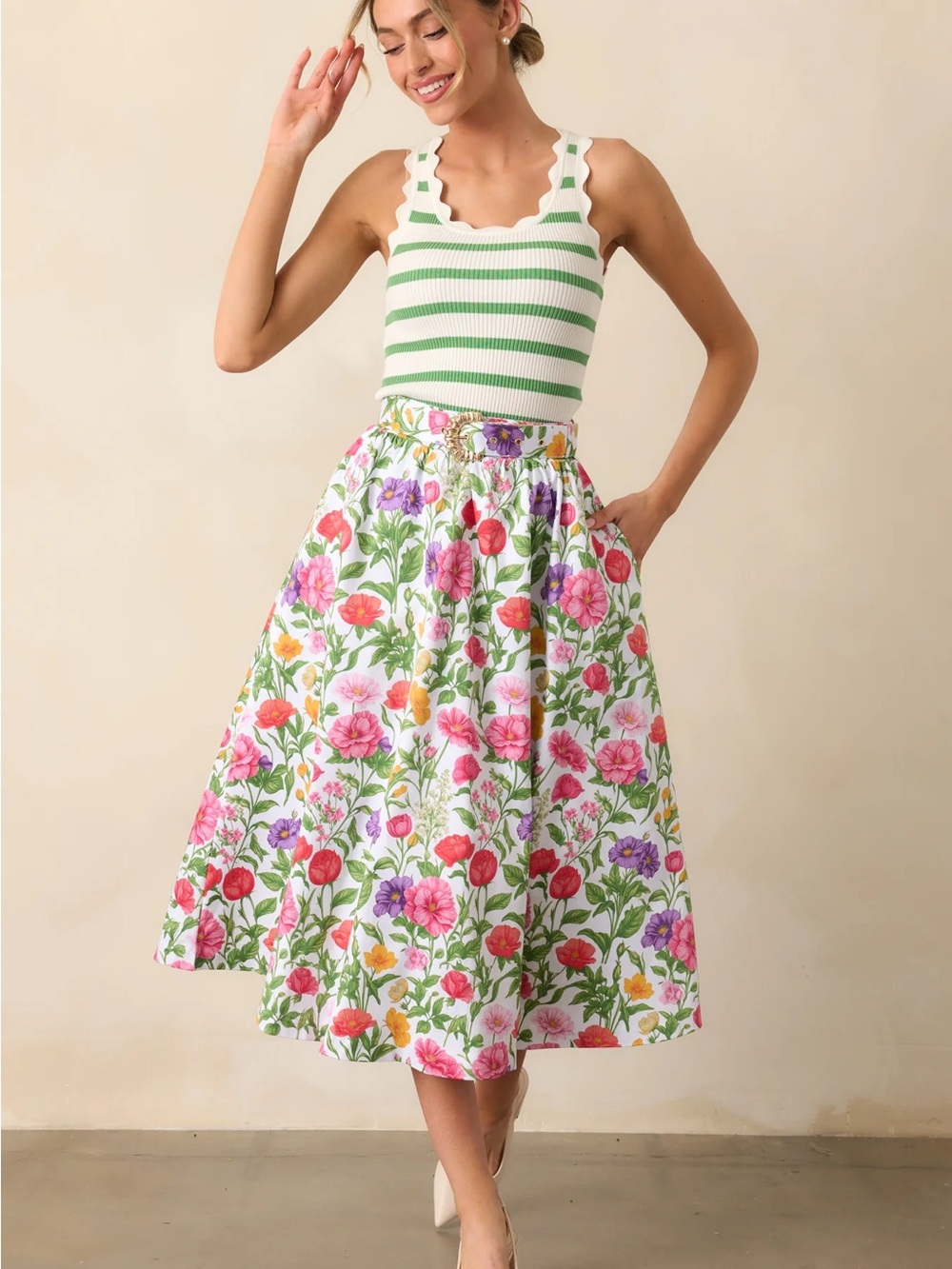 Prosperina | Thena Secret Garden Floral Cotton Belted Midi Skirt $158 Medium